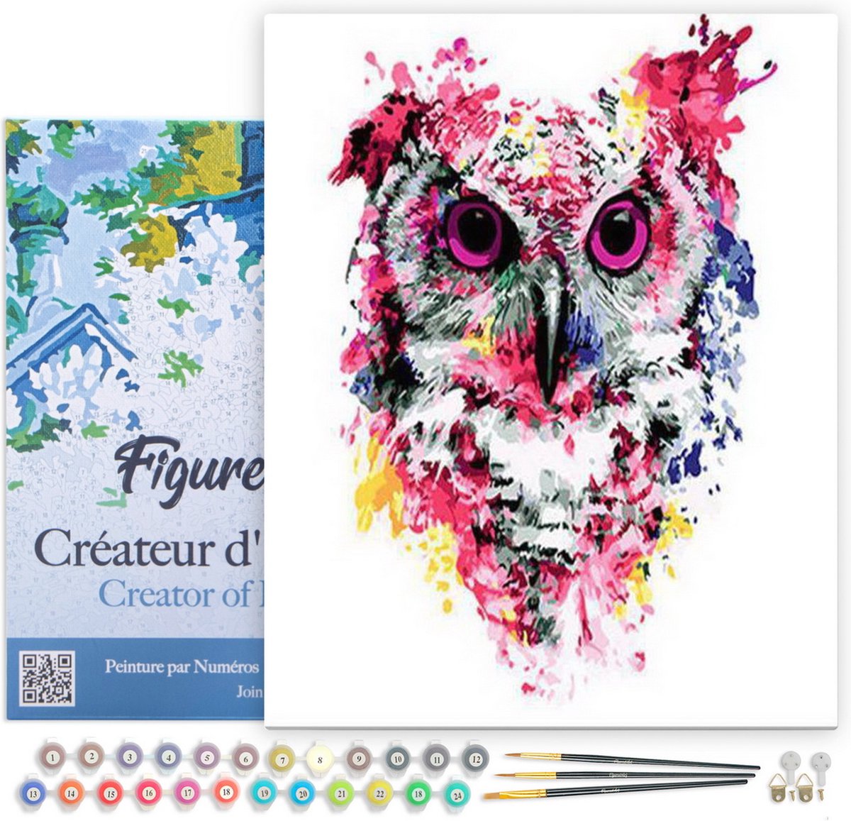 FiguredArt Schilderen op Nummer Volwassenen met lijst - Moderne roze uil - Handwerk acrylverf Kit DIY Compleet - 40x50cm Canvas al ingelijst